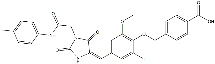 4-{[4-({2,5-dioxo-1-[2-oxo-2-(4-toluidino)ethyl]-4-imidazolidinylidene}methyl)-2-iodo-6-methoxyphenoxy]methyl}benzoic acid Struktur