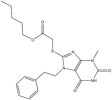 pentyl {[3-methyl-2,6-dioxo-7-(2-phenylethyl)-2,3,6,7-tetrahydro-1H-purin-8-yl]sulfanyl}acetate 化学構造式