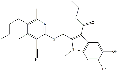 ethyl 6-bromo-2-({[5-(2-butenyl)-3-cyano-4,6-dimethyl-2-pyridinyl]sulfanyl}methyl)-5-hydroxy-1-methyl-1H-indole-3-carboxylate 化学構造式