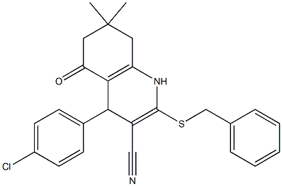 2-(benzylsulfanyl)-4-(4-chlorophenyl)-7,7-dimethyl-5-oxo-1,4,5,6,7,8-hexahydro-3-quinolinecarbonitrile 化学構造式