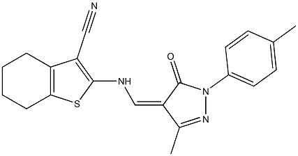 2-({[3-methyl-1-(4-methylphenyl)-5-oxo-1,5-dihydro-4H-pyrazol-4-ylidene]methyl}amino)-4,5,6,7-tetrahydro-1-benzothiophene-3-carbonitrile 化学構造式