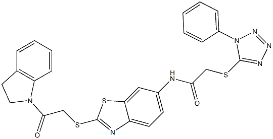 N-(2-{[2-(2,3-dihydro-1H-indol-1-yl)-2-oxoethyl]sulfanyl}-1,3-benzothiazol-6-yl)-2-[(1-phenyl-1H-tetraazol-5-yl)sulfanyl]acetamide 结构式