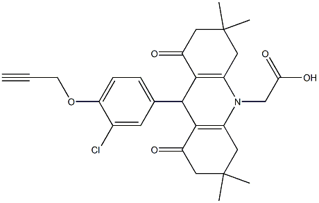 (9-[3-chloro-4-(2-propynyloxy)phenyl]-3,3,6,6-tetramethyl-1,8-dioxo-2,3,4,5,6,7,8,9-octahydro-10(1H)-acridinyl)acetic acid 化学構造式