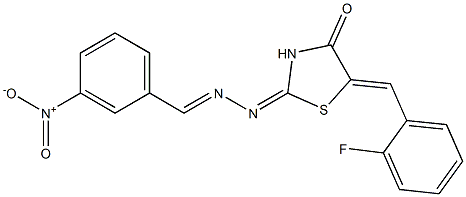 3-nitrobenzaldehyde [5-(2-fluorobenzylidene)-4-oxo-1,3-thiazolidin-2-ylidene]hydrazone 化学構造式