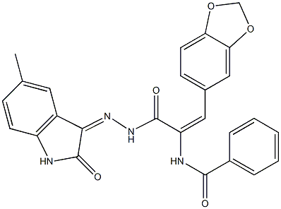 N-(2-(1,3-benzodioxol-5-yl)-1-{[2-(5-methyl-2-oxo-1,2-dihydro-3H-indol-3-ylidene)hydrazino]carbonyl}vinyl)benzamide Struktur