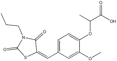 2-{4-[(2,4-dioxo-3-propyl-1,3-thiazolidin-5-ylidene)methyl]-2-methoxyphenoxy}propanoic acid 化学構造式