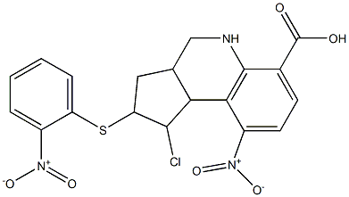 1-chloro-9-nitro-2-({2-nitrophenyl}sulfanyl)-2,3,3a,4,5,9b-hexahydro-1H-cyclopenta[c]quinoline-6-carboxylic acid 化学構造式