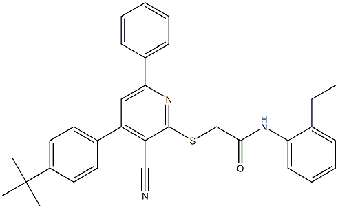 2-{[4-(4-tert-butylphenyl)-3-cyano-6-phenyl-2-pyridinyl]sulfanyl}-N-(2-ethylphenyl)acetamide Struktur