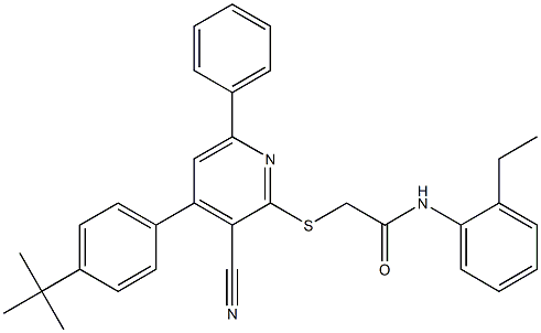 2-{[4-(4-tert-butylphenyl)-3-cyano-6-phenyl-2-pyridinyl]sulfanyl}-N-(2-ethylphenyl)acetamide 化学構造式