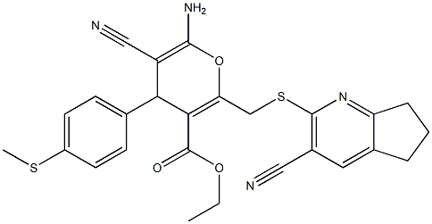 ethyl 6-amino-5-cyano-2-{[(3-cyano-6,7-dihydro-5H-cyclopenta[b]pyridin-2-yl)sulfanyl]methyl}-4-[4-(methylsulfanyl)phenyl]-4H-pyran-3-carboxylate Struktur