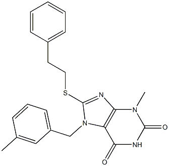 3-methyl-7-[(3-methylphenyl)methyl]-8-[(2-phenylethyl)sulfanyl]-3,7-dihydro-1H-purine-2,6-dione,,结构式