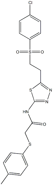 N-(5-{2-[(4-chlorophenyl)sulfonyl]ethyl}-1,3,4-thiadiazol-2-yl)-2-[(4-methylphenyl)thio]acetamide,,结构式