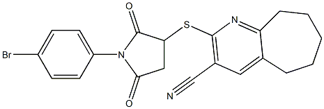 2-((1-(4-bromophenyl)-2,5-dioxopyrrolidin-3-yl)sulfanyl)-6,7,8,9-tetrahydro-5H-cyclohepta[b]pyridine-3-carbonitrile,,结构式