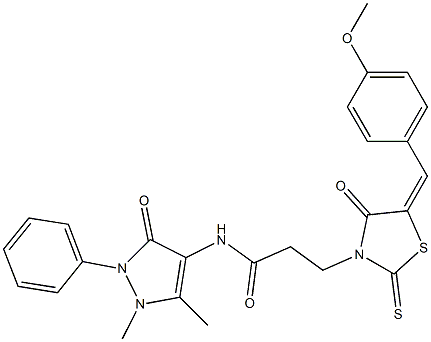 N-(1,5-dimethyl-3-oxo-2-phenyl-2,3-dihydro-1H-pyrazol-4-yl)-3-[5-(4-methoxybenzylidene)-4-oxo-2-thioxo-1,3-thiazolidin-3-yl]propanamide Struktur