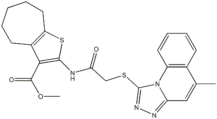 methyl 2-({[(5-methyl[1,2,4]triazolo[4,3-a]quinolin-1-yl)sulfanyl]acetyl}amino)-5,6,7,8-tetrahydro-4H-cyclohepta[b]thiophene-3-carboxylate 化学構造式