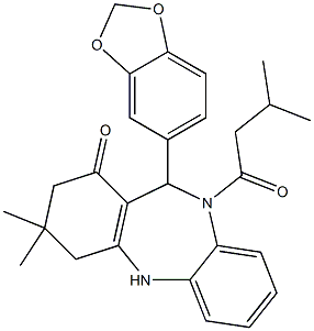 11-(1,3-benzodioxol-5-yl)-3,3-dimethyl-10-(3-methylbutanoyl)-2,3,4,5,10,11-hexahydro-1H-dibenzo[b,e][1,4]diazepin-1-one Struktur