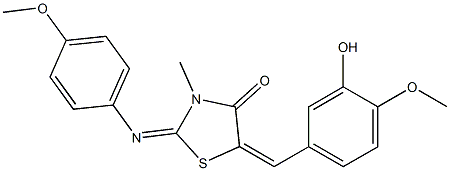5-(3-hydroxy-4-methoxybenzylidene)-2-[(4-methoxyphenyl)imino]-3-methyl-1,3-thiazolidin-4-one 化学構造式