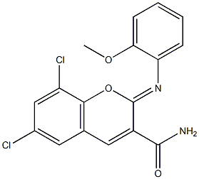 6,8-dichloro-2-[(2-methoxyphenyl)imino]-2H-chromene-3-carboxamide 化学構造式
