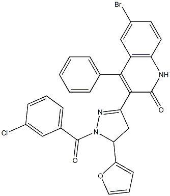 6-bromo-3-[1-(3-chlorobenzoyl)-5-(2-furyl)-4,5-dihydro-1H-pyrazol-3-yl]-4-phenyl-2(1H)-quinolinone,,结构式