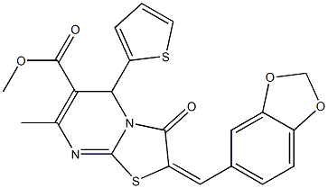 methyl 2-(1,3-benzodioxol-5-ylmethylene)-7-methyl-3-oxo-5-(2-thienyl)-2,3-dihydro-5H-[1,3]thiazolo[3,2-a]pyrimidine-6-carboxylate 化学構造式