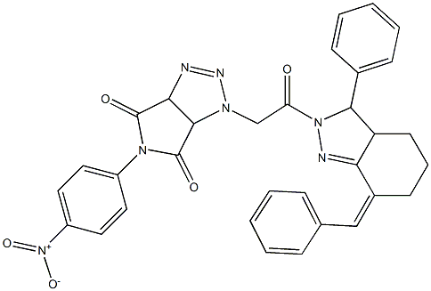 1-[2-(7-benzylidene-3-phenyl-3,3a,4,5,6,7-hexahydro-2H-indazol-2-yl)-2-oxoethyl]-5-{4-nitrophenyl}-3a,6a-dihydropyrrolo[3,4-d][1,2,3]triazole-4,6(1H,5H)-dione 化学構造式