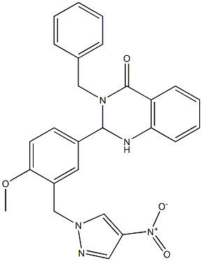 2-[3-({4-nitro-1H-pyrazol-1-yl}methyl)-4-(methyloxy)phenyl]-3-(phenylmethyl)-2,3-dihydroquinazolin-4(1H)-one,,结构式