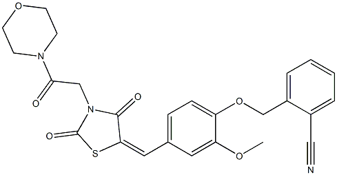 2-{[2-methoxy-4-({3-[2-(4-morpholinyl)-2-oxoethyl]-2,4-dioxo-1,3-thiazolidin-5-ylidene}methyl)phenoxy]methyl}benzonitrile 化学構造式