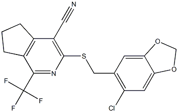 3-{[(6-chloro-1,3-benzodioxol-5-yl)methyl]sulfanyl}-1-(trifluoromethyl)-6,7-dihydro-5H-cyclopenta[c]pyridine-4-carbonitrile 结构式