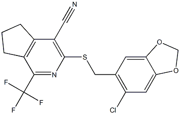 3-{[(6-chloro-1,3-benzodioxol-5-yl)methyl]sulfanyl}-1-(trifluoromethyl)-6,7-dihydro-5H-cyclopenta[c]pyridine-4-carbonitrile,,结构式