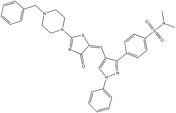 4-{4-[(2-(4-benzyl-1-piperazinyl)-4-oxo-1,3-thiazol-5(4H)-ylidene)methyl]-1-phenyl-1H-pyrazol-3-yl}-N,N-dimethylbenzenesulfonamide 化学構造式