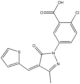 2-chloro-5-[3-methyl-5-oxo-4-(2-thienylmethylene)-4,5-dihydro-1H-pyrazol-1-yl]benzoic acid,,结构式