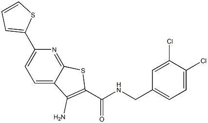 3-amino-N-(3,4-dichlorobenzyl)-6-(2-thienyl)thieno[2,3-b]pyridine-2-carboxamide 化学構造式