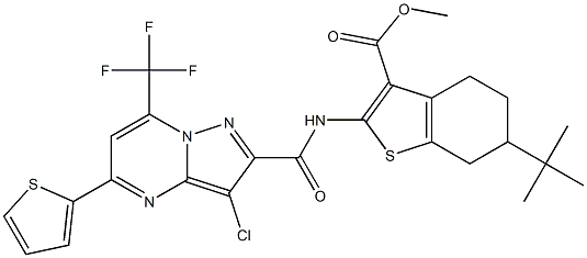 methyl 6-tert-butyl-2-({[3-chloro-5-(2-thienyl)-7-(trifluoromethyl)pyrazolo[1,5-a]pyrimidin-2-yl]carbonyl}amino)-4,5,6,7-tetrahydro-1-benzothiophene-3-carboxylate Structure