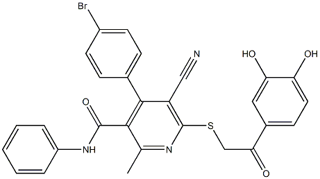 4-(4-bromophenyl)-5-cyano-6-{[2-(3,4-dihydroxyphenyl)-2-oxoethyl]sulfanyl}-2-methyl-N-phenylpyridine-3-carboxamide,,结构式