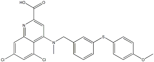 5,7-dichloro-4-[{3-[(4-methoxyphenyl)sulfanyl]benzyl}(methyl)amino]-2-quinolinecarboxylic acid 化学構造式