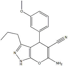 6-amino-4-(3-methoxyphenyl)-3-propyl-1,4-dihydropyrano[2,3-c]pyrazole-5-carbonitrile,,结构式