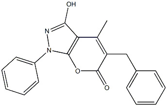 5-benzyl-3-hydroxy-4-methyl-1-phenylpyrano[2,3-c]pyrazol-6(1H)-one Struktur