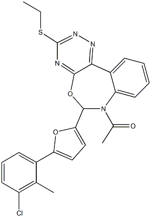 7-acetyl-6-[5-(3-chloro-2-methylphenyl)-2-furyl]-3-(ethylsulfanyl)-6,7-dihydro[1,2,4]triazino[5,6-d][3,1]benzoxazepine 化学構造式