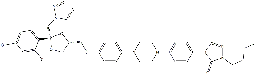2-Butyl-4-[4-[4-[4-[[Cis-2-(2,4-dichlorophenyl)-2-(1H-1,2,4-triazol-1-ylmethyl)-1,3-dioxolan-4-yl]methoxy]phenyl]piperazin-1-yl]phenyl]-2,4-dihydro-3H-1,2,4-triazol-3-one.,,结构式