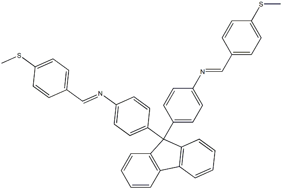 N-{(E)-[4-(methylsulfanyl)phenyl]methylidene}-N-(4-{9-[4-({(E)-[4-(methylsulfanyl)phenyl]methylidene}amino)phenyl]-9H-fluoren-9-yl}phenyl)amine 结构式