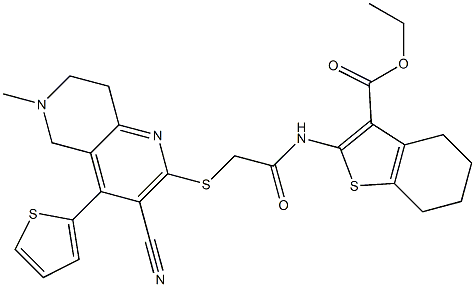 ethyl 2-[(2-{[3-cyano-6-methyl-4-(2-thienyl)-5,6,7,8-tetrahydro[1,6]naphthyridin-2-yl]sulfanyl}acetyl)amino]-4,5,6,7-tetrahydro-1-benzothiophene-3-carboxylate 化学構造式