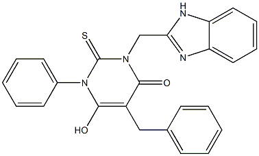 3-(1H-Benzimidazol-2-ylmethyl)-1,2-dihydro-6-hydroxy-2-thioxo-1-phenyl-5-benzylpyrimidin-4(3H)-one 结构式