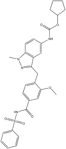 4-[5-(シクロペンチルオキシカルボニルアミノ)-1-メチル-1H-インダゾール-3-イルメチル]-3-メトキシ-N-(フェニルスルホニル)ベンズアミド 化学構造式