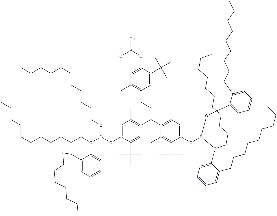 [3-メチル-1,1,3-プロパントリイルトリス(2-tert-ブチル-5-メチル-4,1-フェニレンオキシ)]トリス(亜ホスホン酸)O,O',O''-トリウンデシルO,O',O''-トリス(2-ノニルフェニル) 化学構造式