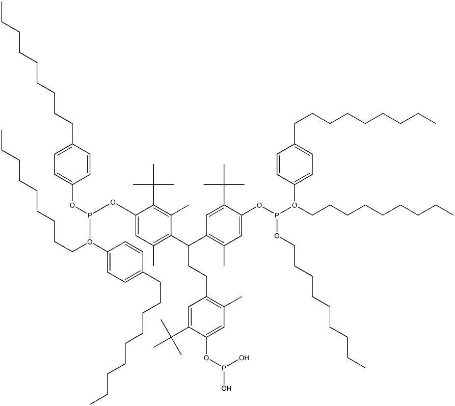 [3-Methyl-1,1,3-propanetriyltris(2-tert-butyl-5-methyl-4,1-phenyleneoxy)]tris(phosphonous acid)O,O',O''-trinonyl O,O',O''-tris(4-nonylphenyl) ester 结构式