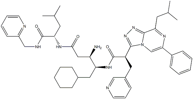 (2S)-2-[[(3R,4S)-3-Amino-5-cyclohexyl-4-[[(2R)-2-(8-isobutyl-6-phenyl-1,2,4-triazolo[4,3-a]pyrazin-3-yl)-3-(3-pyridinyl)propanoyl]amino]pentanoyl]amino]-4-methyl-N-(2-pyridinylmethyl)valeramide Struktur