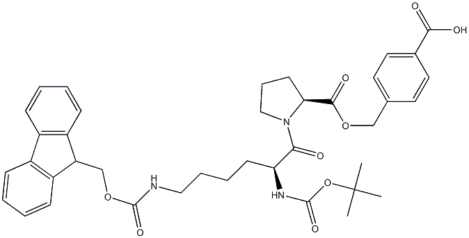 4-[[[N-[N2-(tert-Butoxycarbonyl)-N6-(9H-fluoren-9-ylmethoxycarbonyl)-L-lysyl]-L-prolyl]oxy]methyl]benzoic acid Structure