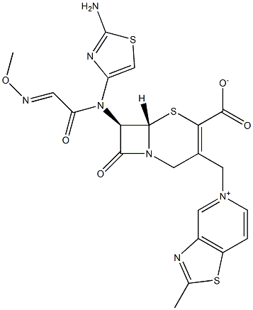 (7R)-7-[(2-アミノ-4-チアゾリル)(メトキシイミノ)アセチルアミノ]-3-[[(2-メチルチアゾロ[4,5-c]ピリジン-5-イウム)-5-イル]メチル]セファム-3-エン-4-カルボン酸 化学構造式