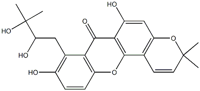 6,9-Dihydroxy-8-(2,3-dihydroxy-3-methylbutyl)-3,3-dimethyl-3H,7H-pyrano[2,3-c]xanthen-7-one Struktur