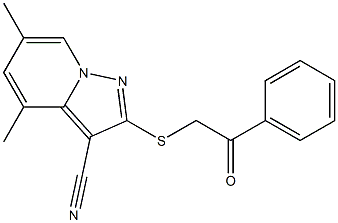 2-[[(Phenylcarbonyl)methyl]thio]-4,6-dimethyl-pyrazolo[1,5-a]pyridine-3-carbonitrile Struktur